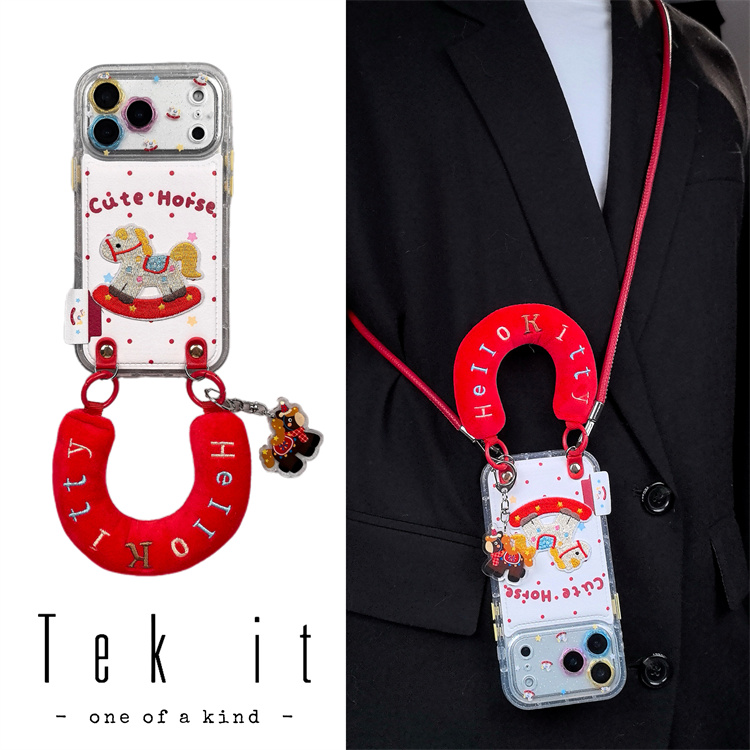 卡通满屏红波点刺绣摇摇马适用iPhone17pro手机壳16promax手提15