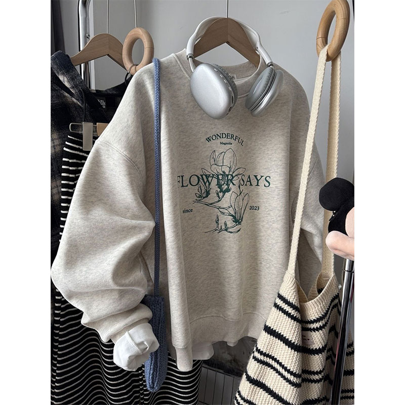 韩系穿搭圆领卫衣女学生大码胖mm显瘦宽松洋气减龄超好看加绒上衣