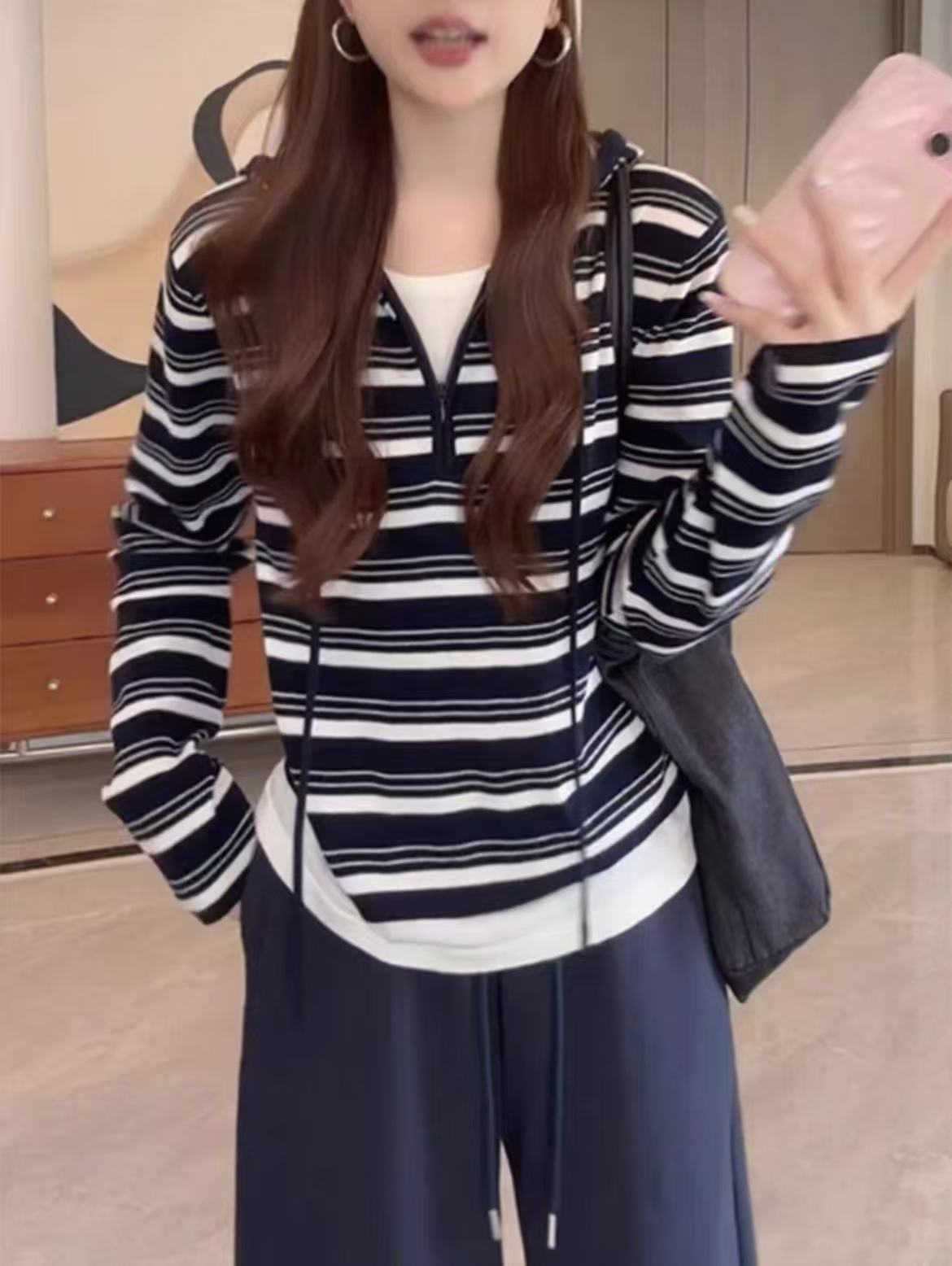 1320大码撞色条纹假两件针织衫女2025年秋季胖MM显瘦连帽休闲长袖