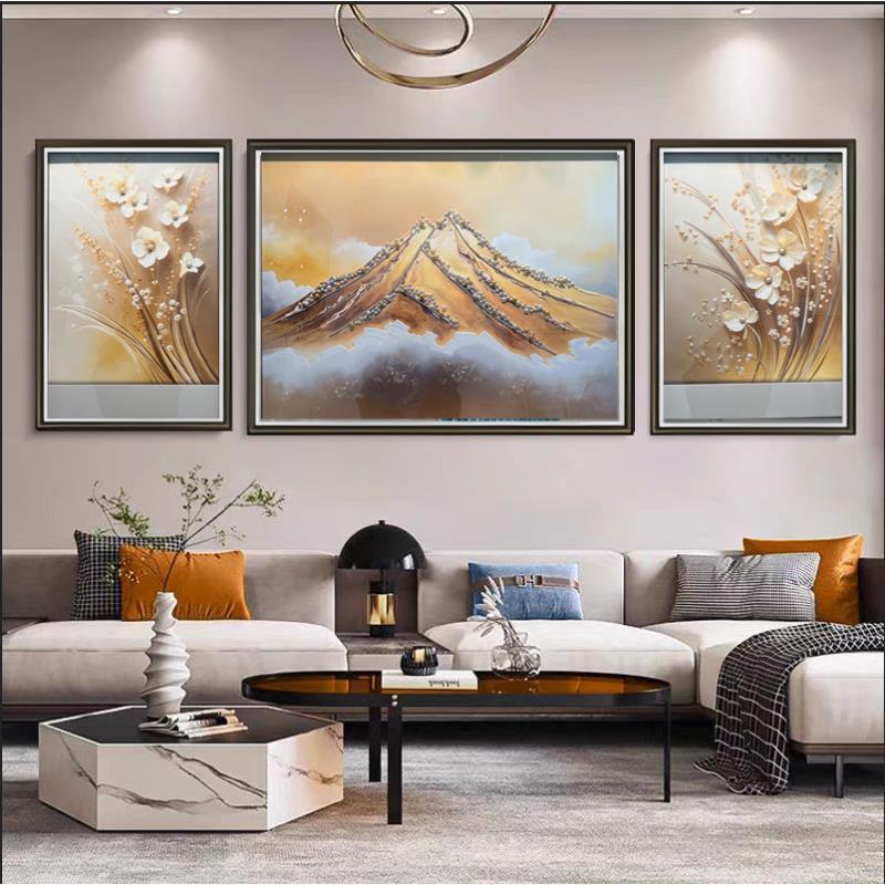 [喜宅家艺]Q320云鼎金峰中式客厅实物画轻奢沙发背景墙三联画