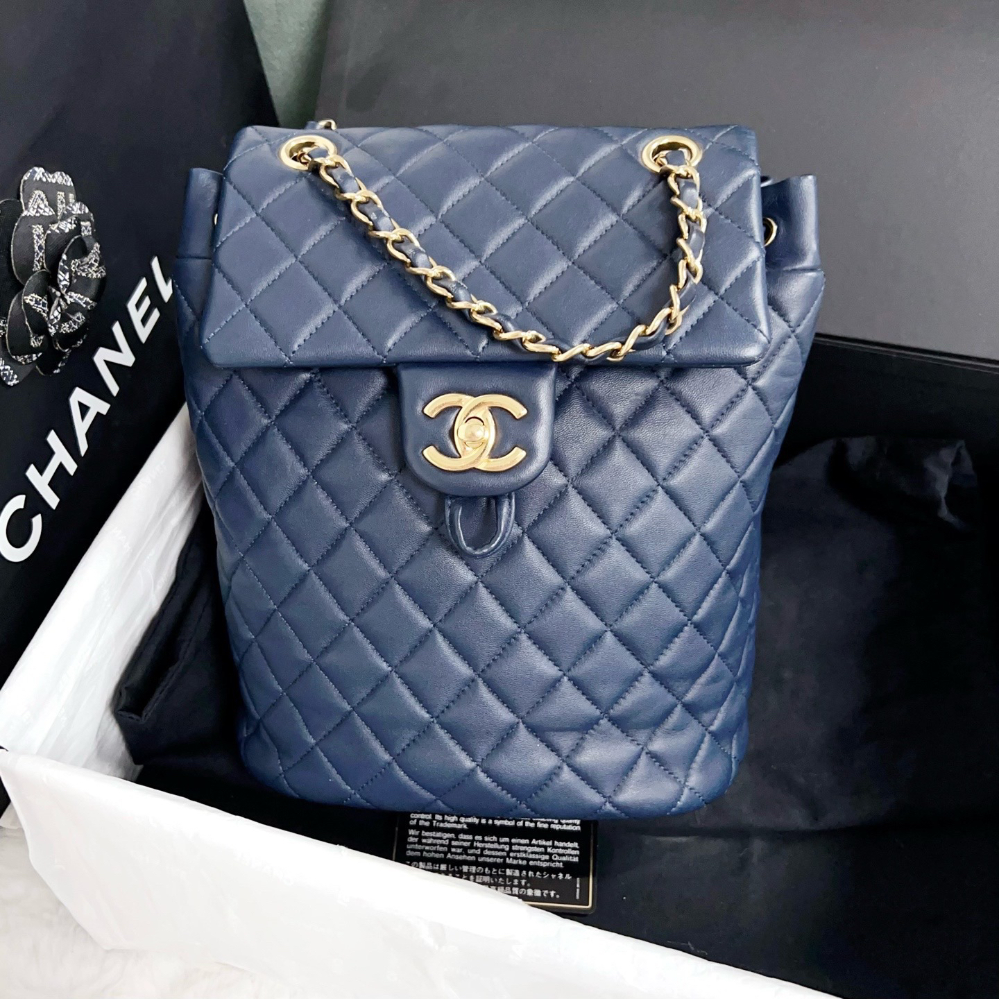95新 Chanel/香奈儿  萨尔茨堡双肩包小号 深蓝色金扣 6454
