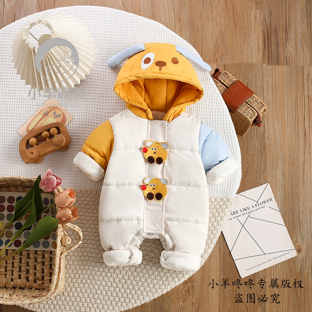 MR冬季快乐出发哈衣男女宝宝拉链连帽爬服婴幼儿洋气拼色连体衣