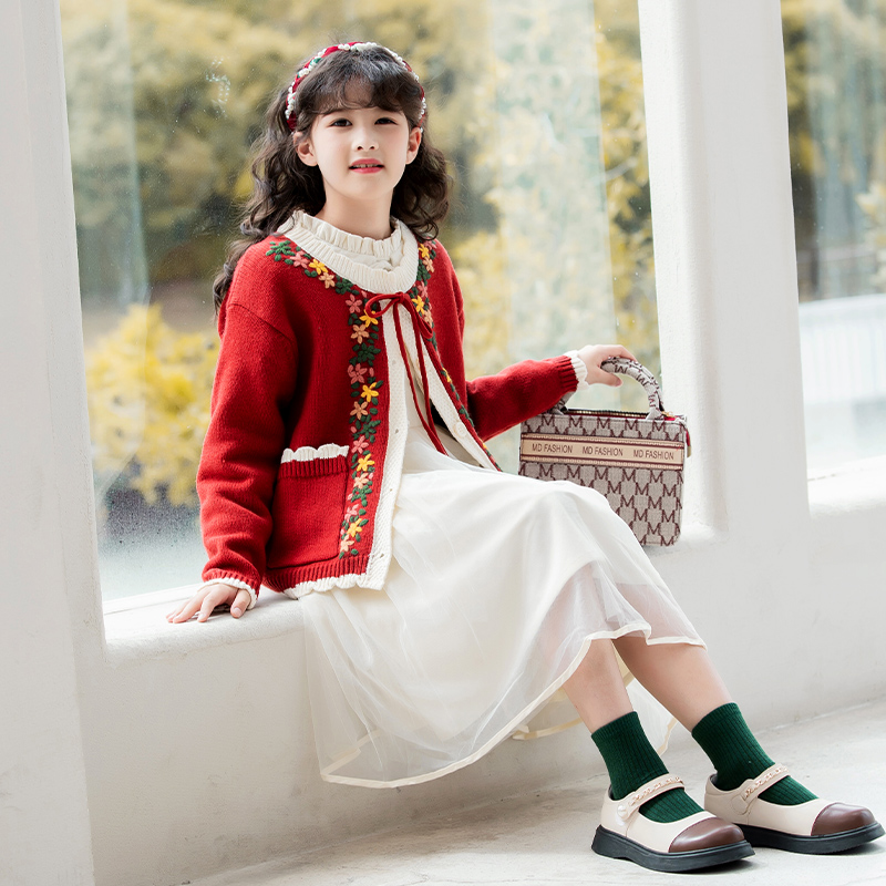提花刺绣女童开衫毛衣外套2025春秋季新款儿童套装女童连衣裙子