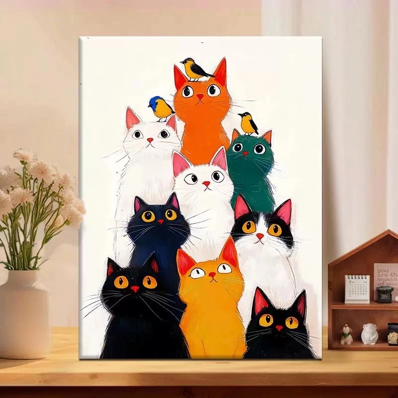 叠猫猫咪可爱客厅装饰画卡通治愈动物儿童房卧室餐厅小众砂岩挂画