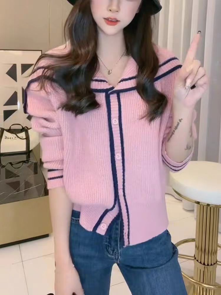 【G31】秋冬女装海军领针织衫拼色百搭翻领针织开衫上衣减龄外套女