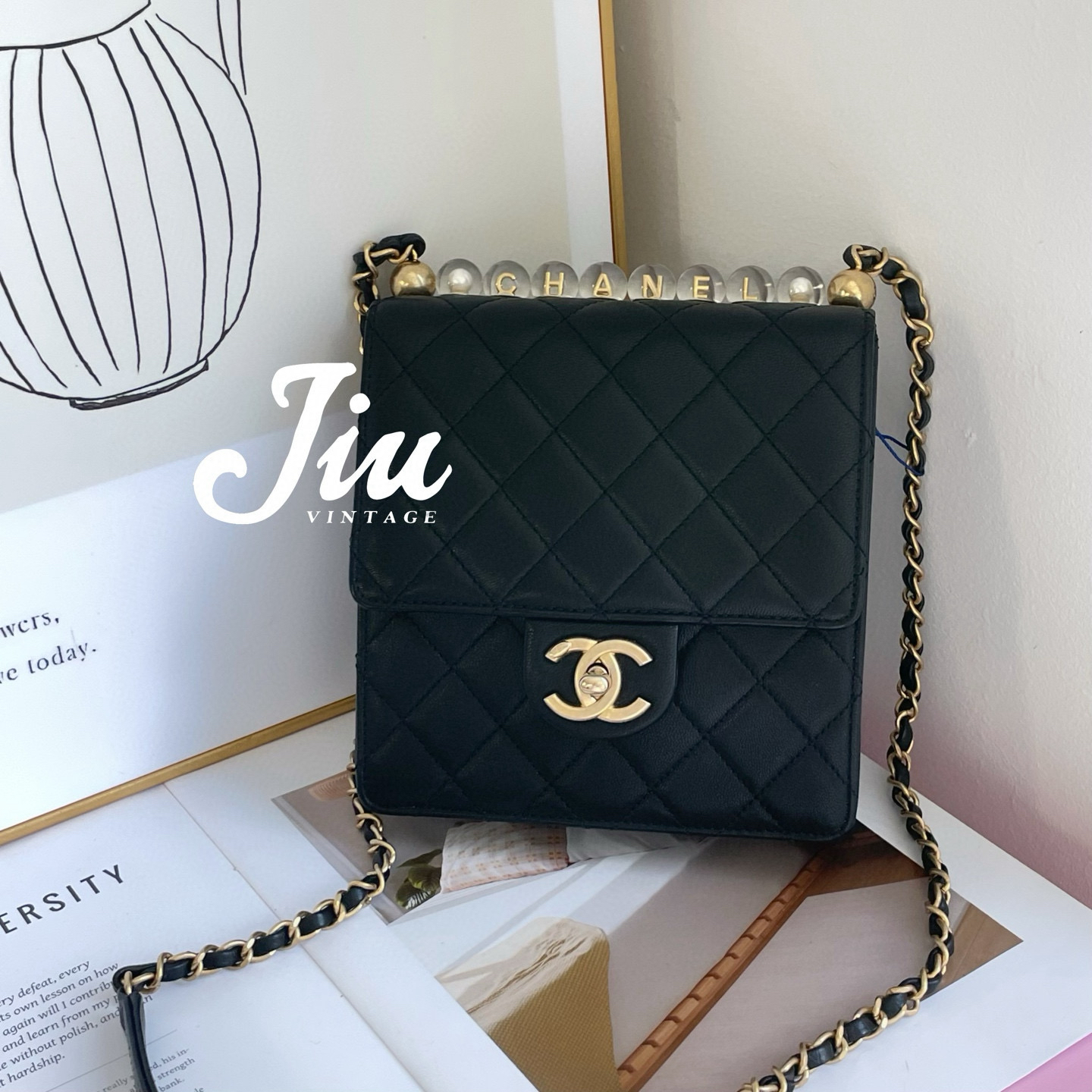 99新 Chanel/香奈儿 竖版珍珠包黑金29开保卡尘袋JM12-1800