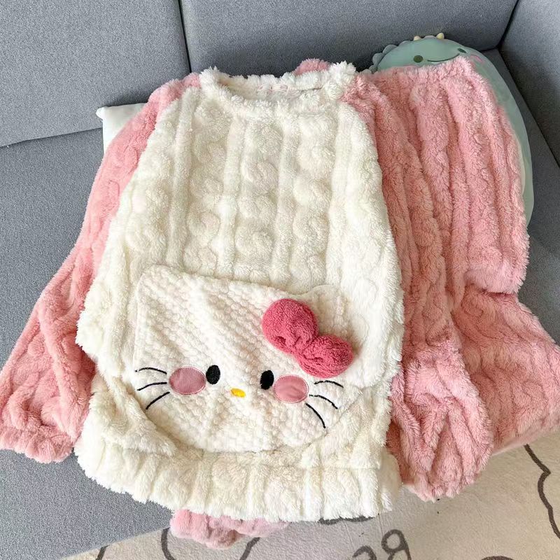 圆领口袋粉色猫珊瑚绒加绒加厚睡衣秋冬季女款爆款2025新款长袖裤