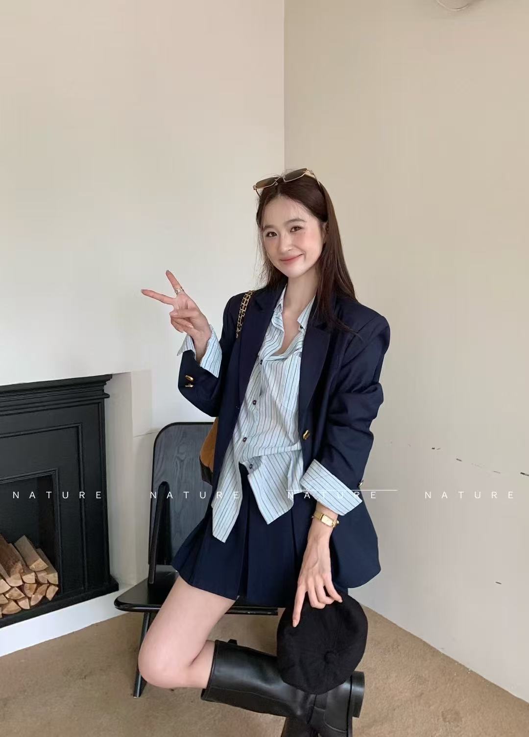 学院风设计感小众廓形通勤短款针织西装外套百褶裙