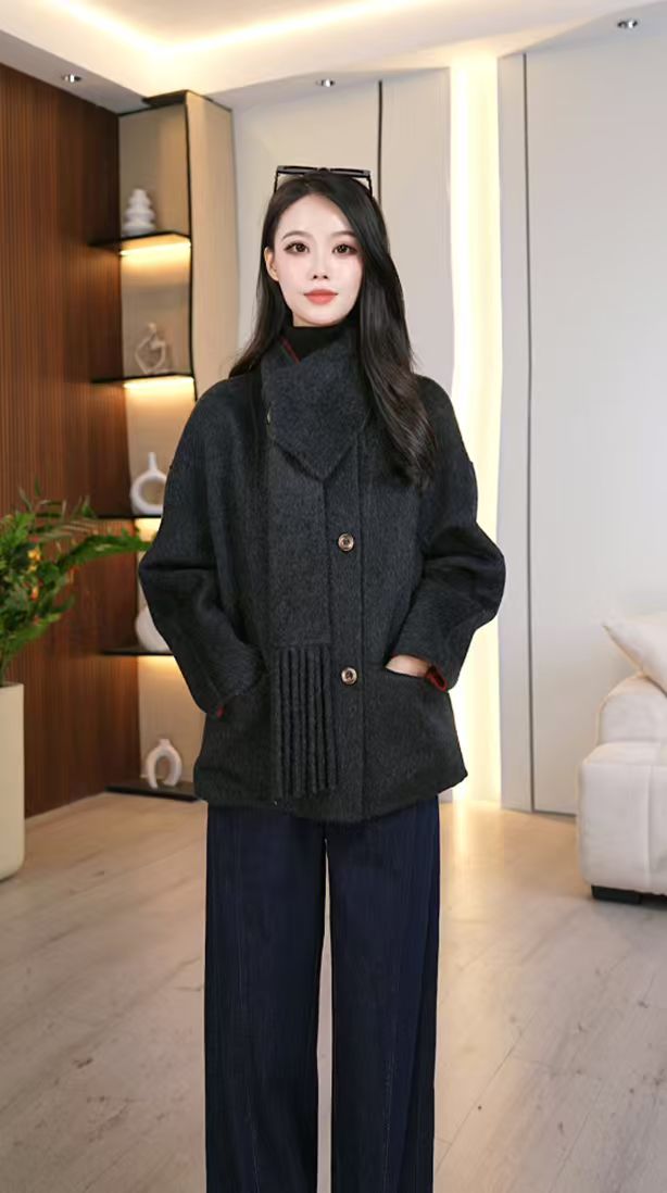 【QH】2025新秋冬中长款女士毛呢外套围巾领气质百搭外套2579