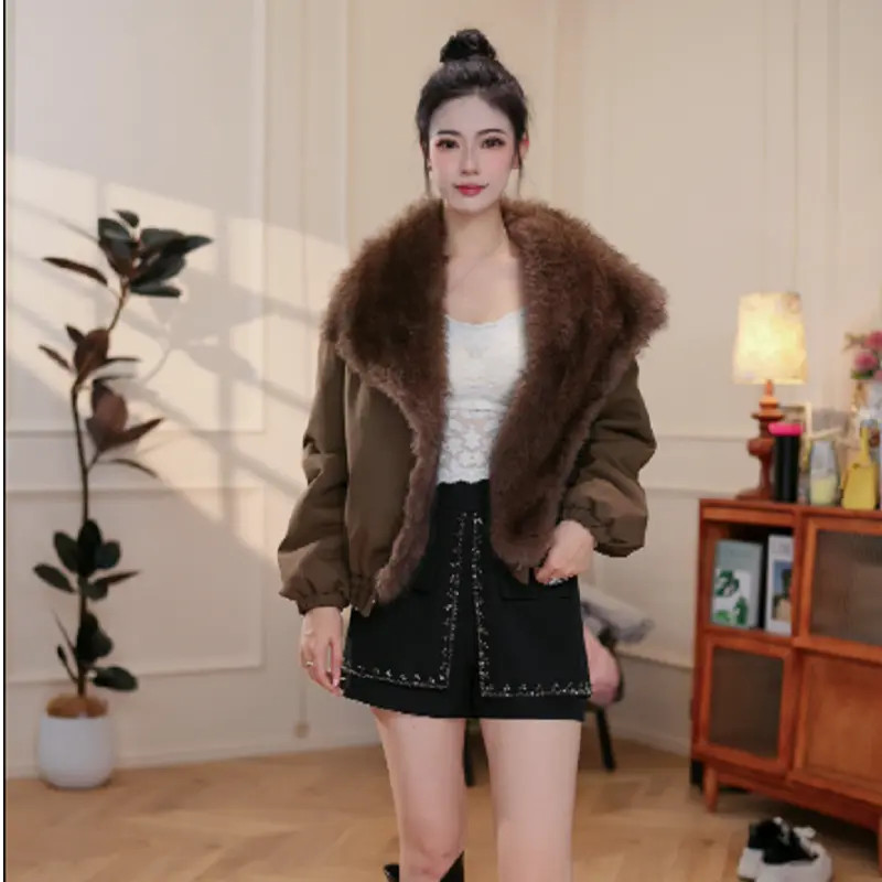 【丹丹】秋冬新款翻领毛领纯色设计感气质时尚女夹克外套Z0016