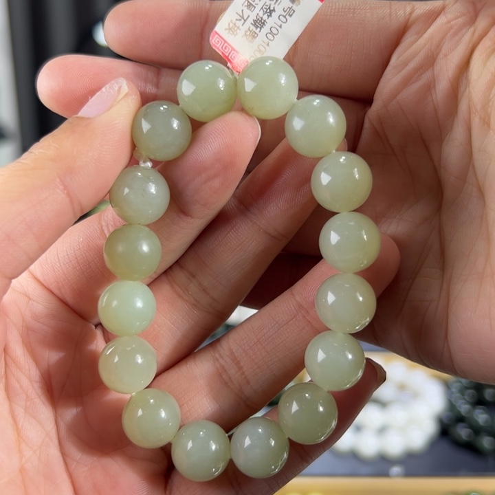 和田玉手串未镶嵌青海料晴水卡12圆珠