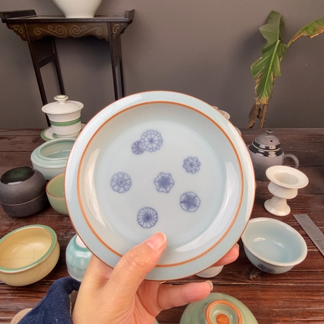 朱砂胎粉青釉 釉下皮球花 壶承 杯垫 微瑕