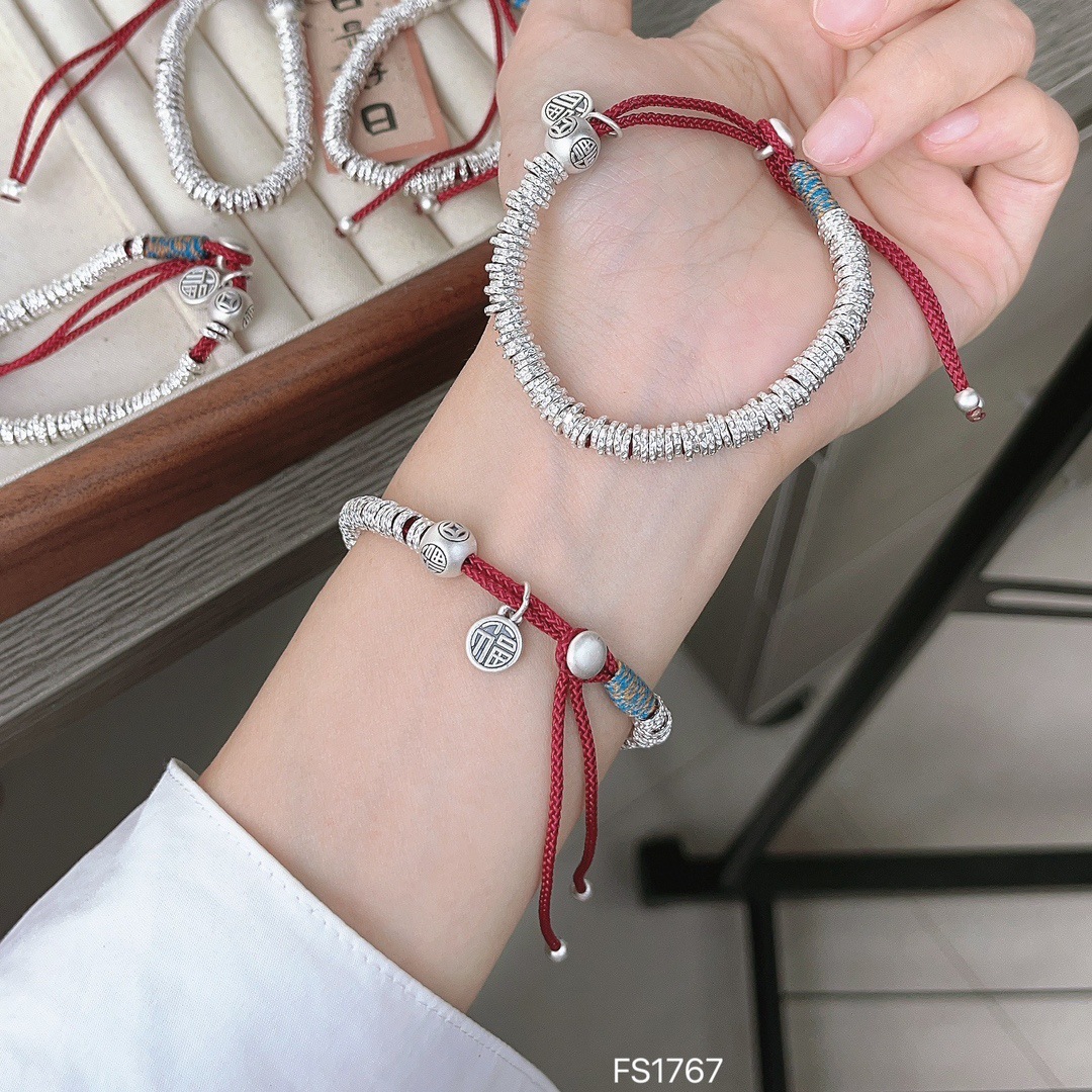 足银手链 足银 盘缠福钱币珠福字编织手链