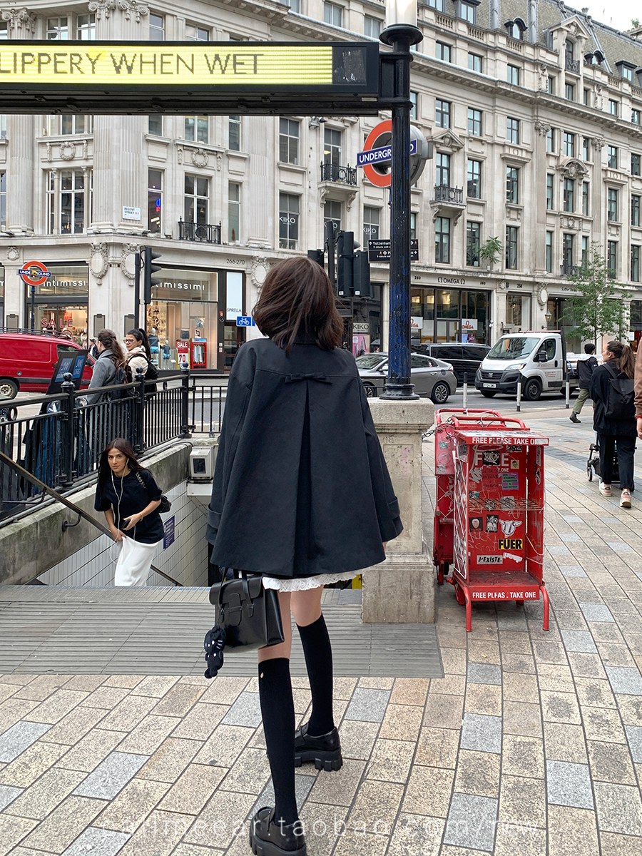 常规蝴蝶结学院风口袋宽松型风衣秋冬中长款冬季韩版