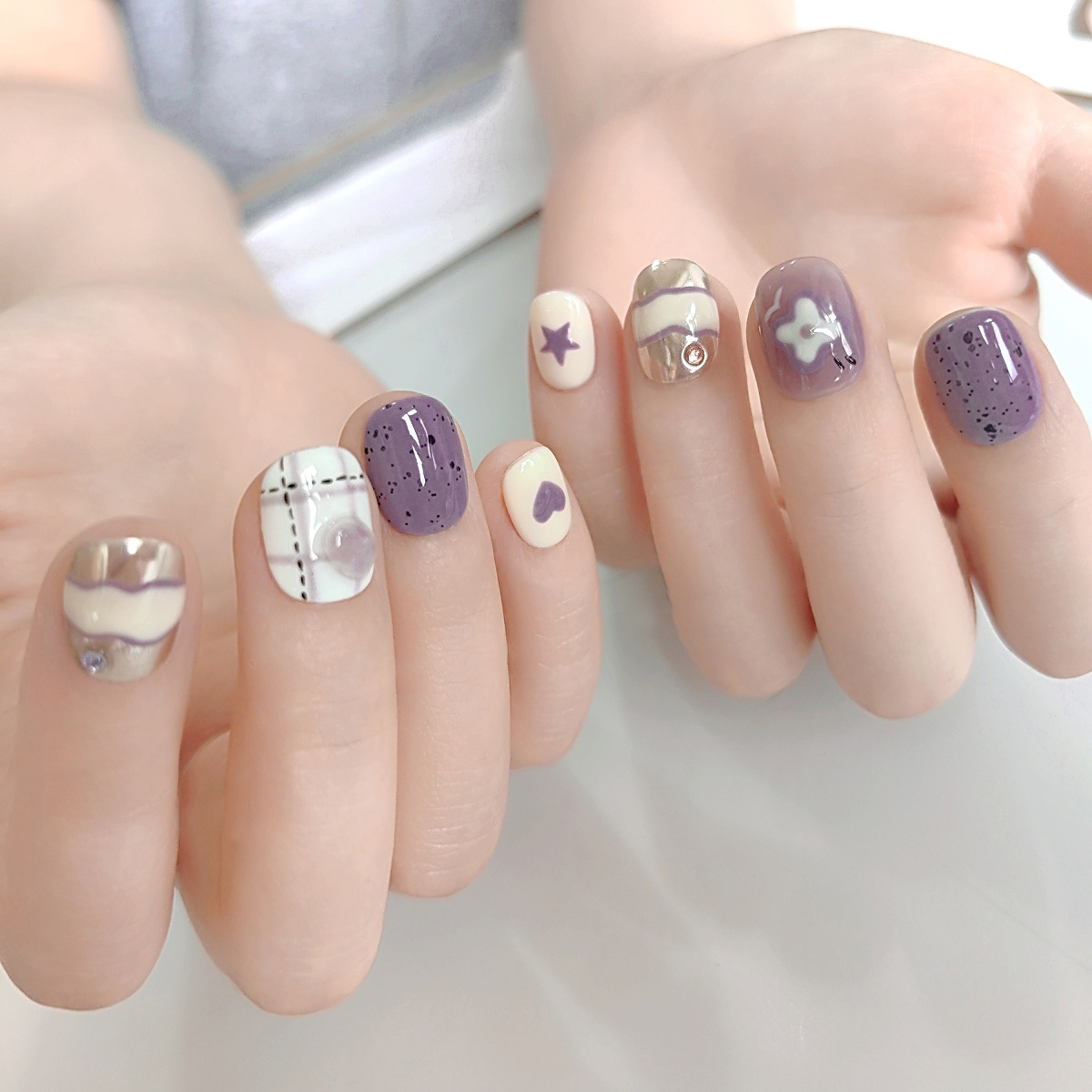 【紫陌花开】纯手绘纯手工穿戴甲片爆闪钻裸色指甲贴