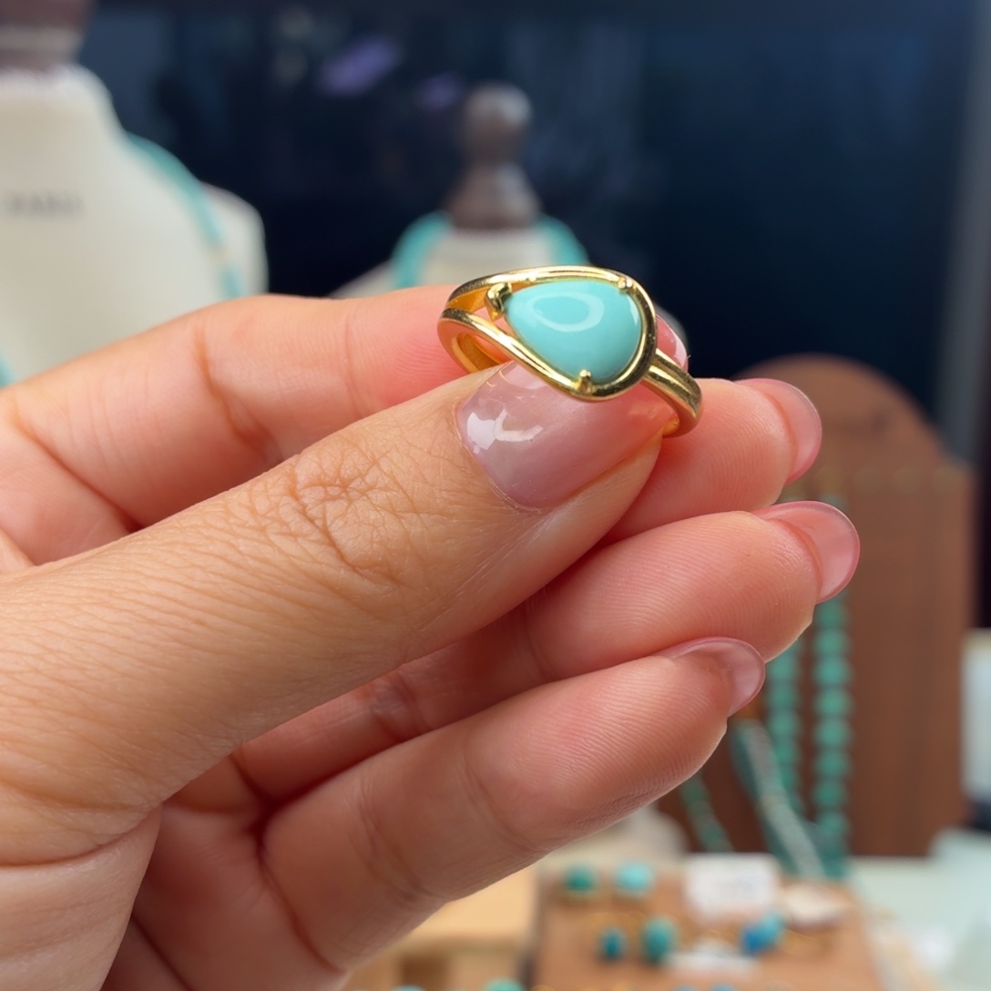 绿松石银S925镀金镶嵌戒指