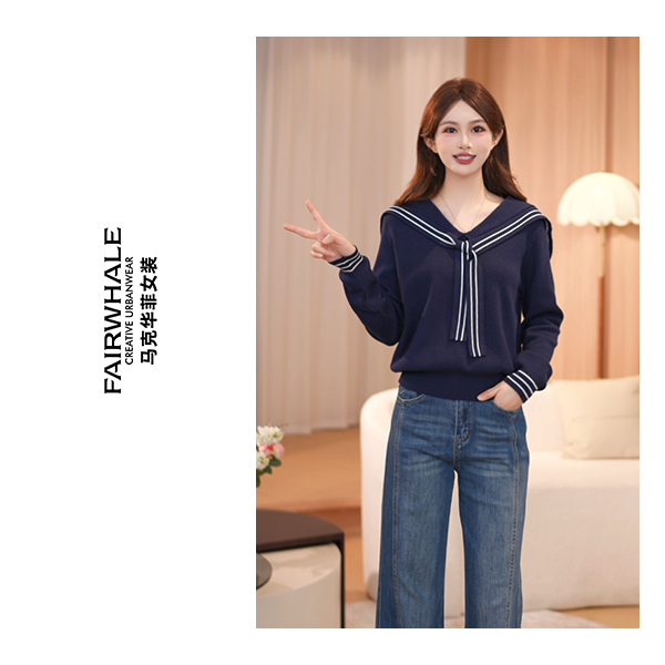 马克华菲女装秋季百搭宽松翻领套头长袖时尚针织衫F53004A568 qq