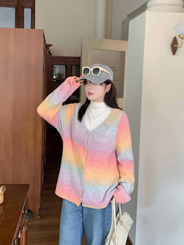 DY大码女装渐变色v领开衫宽松慵懒风百搭时尚休闲韩版