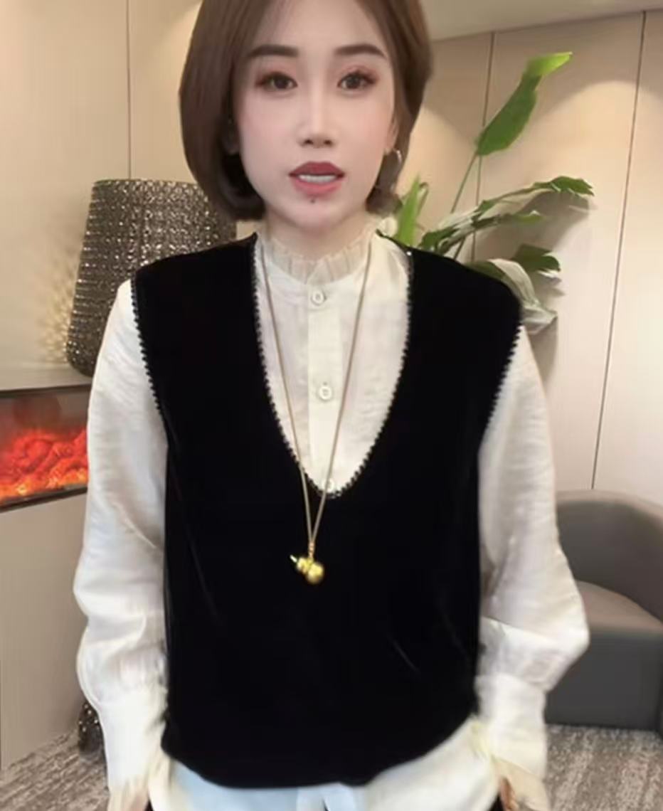 时尚老钱风衬衫上衣2025秋季新款新中式丝绒马甲两件套