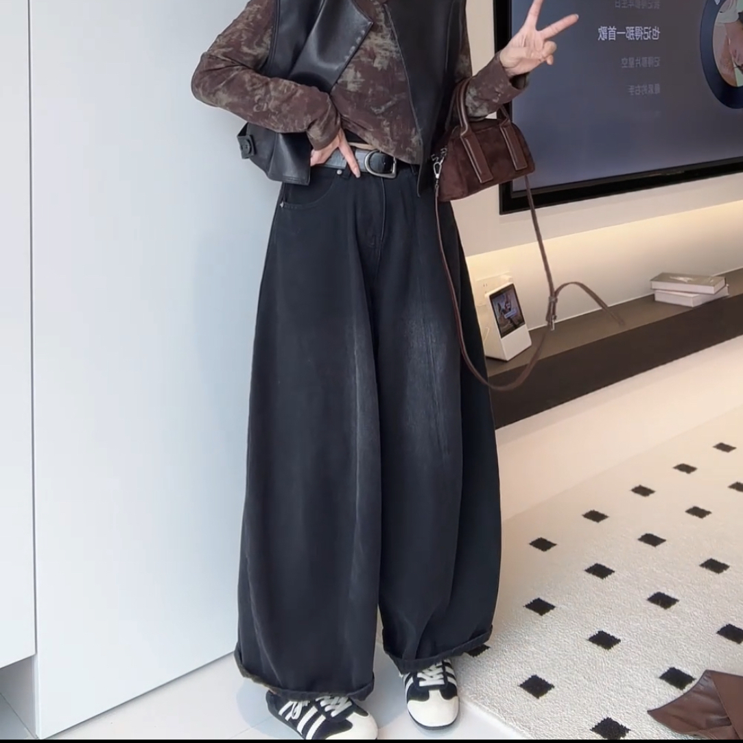 【彩丽家】小众设计高腰气球牛仔裤女2025秋季高级感显瘦阔腿长裤子