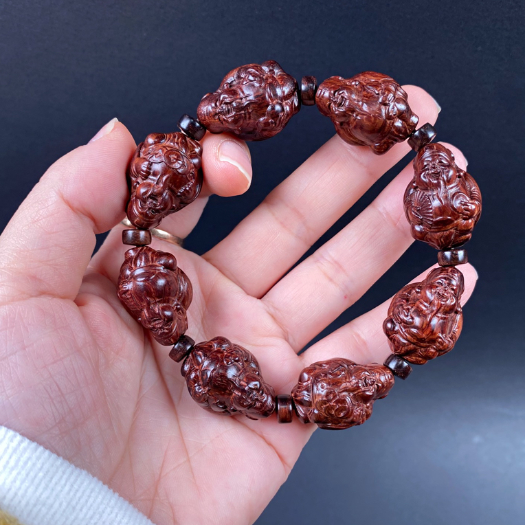 雕刻财神弥勒佛手串海南黄花梨紫油梨转运招财文玩佛珠
