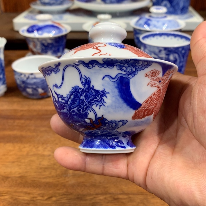 自成堂柴窑青花麒麟追凤盖碗