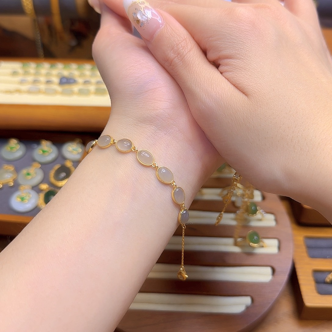 和田玉手链银S925镀金镶嵌