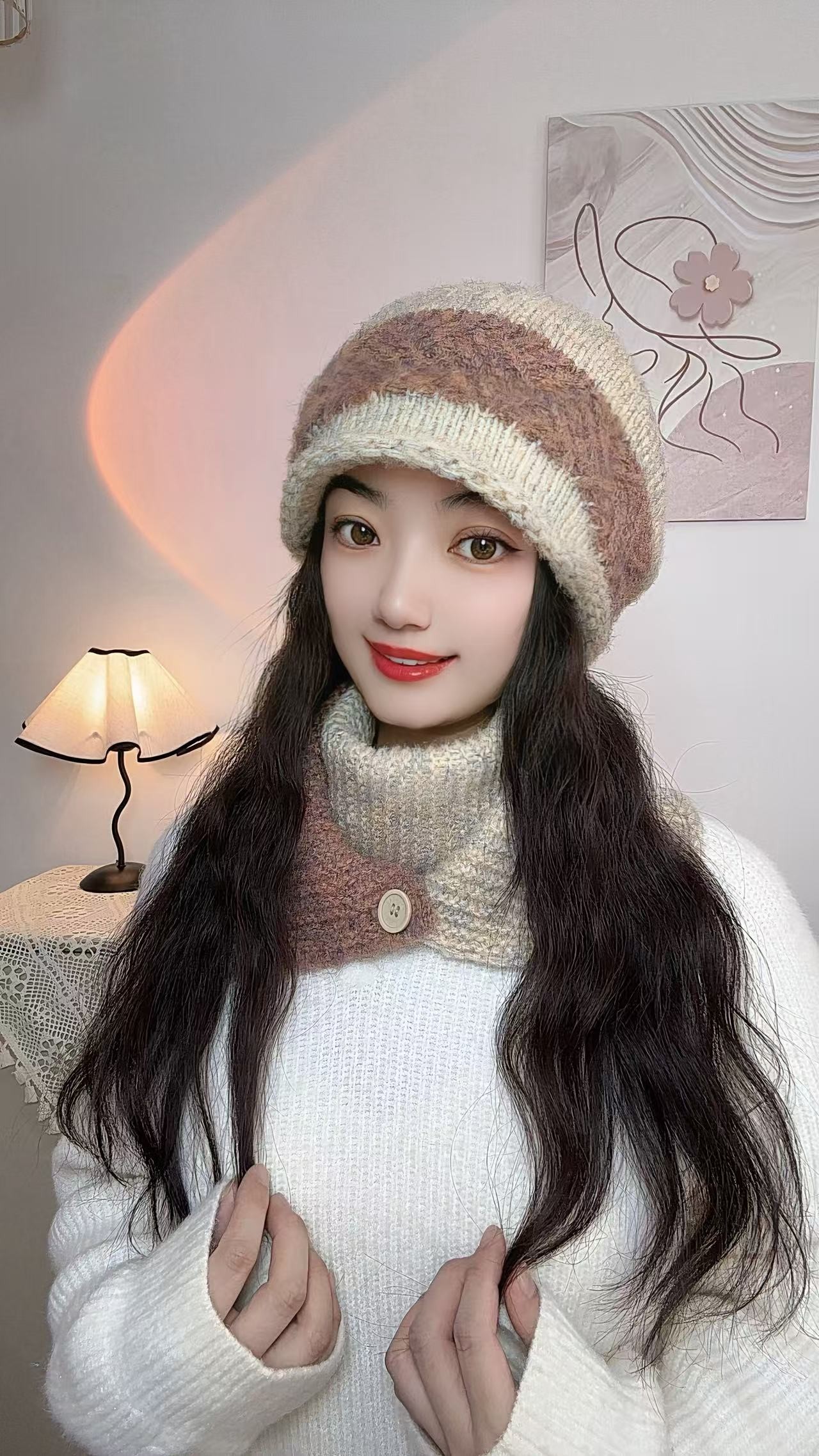 2025冬季时尚保温幻彩纱线拼色女士针织毛线帽子围巾套装2570 套