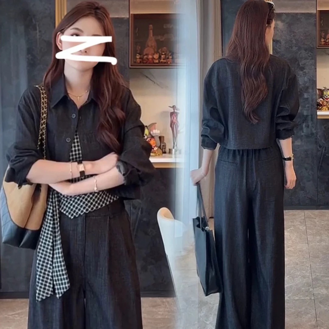 【三件套】格子牛仔吊带外套套装女2025秋款新款慵懒休闲裤三件套33