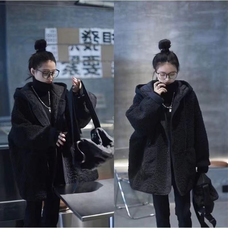 夹棉加厚毛毛连帽新款羊羔中长款棉服韩版冬季夹克宽松外套上衣