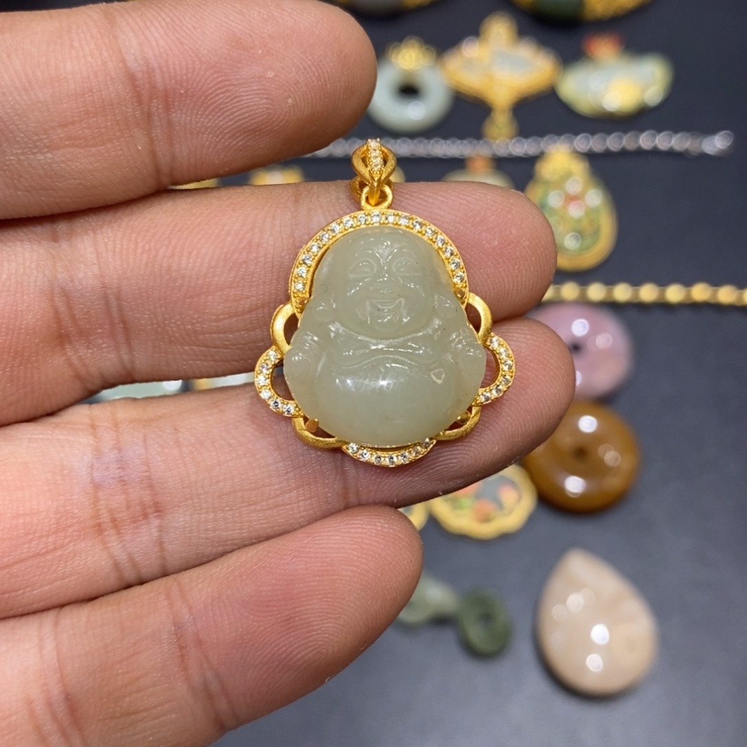 和田玉颈饰银S925镀金镶嵌