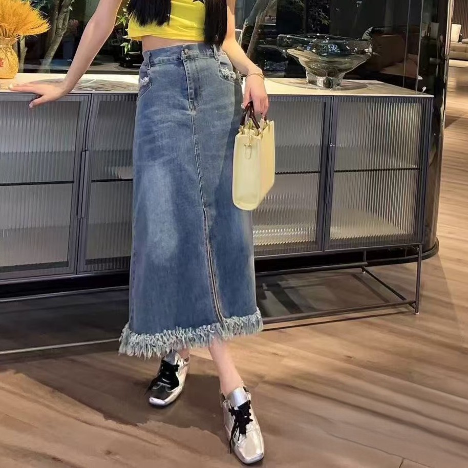 春季牛仔半身长裙-甜 3632时尚潮流毛边百搭显瘦胖MM大码女装新款