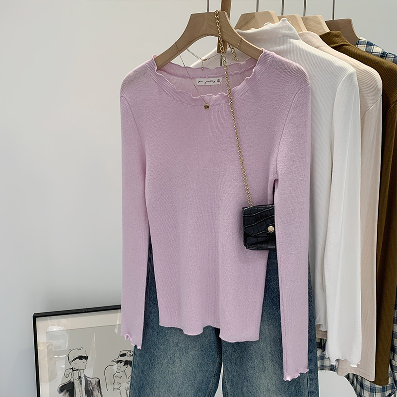 【部分现】木耳边圆领长袖针织衫女2024新款修身显瘦百搭上衣M698