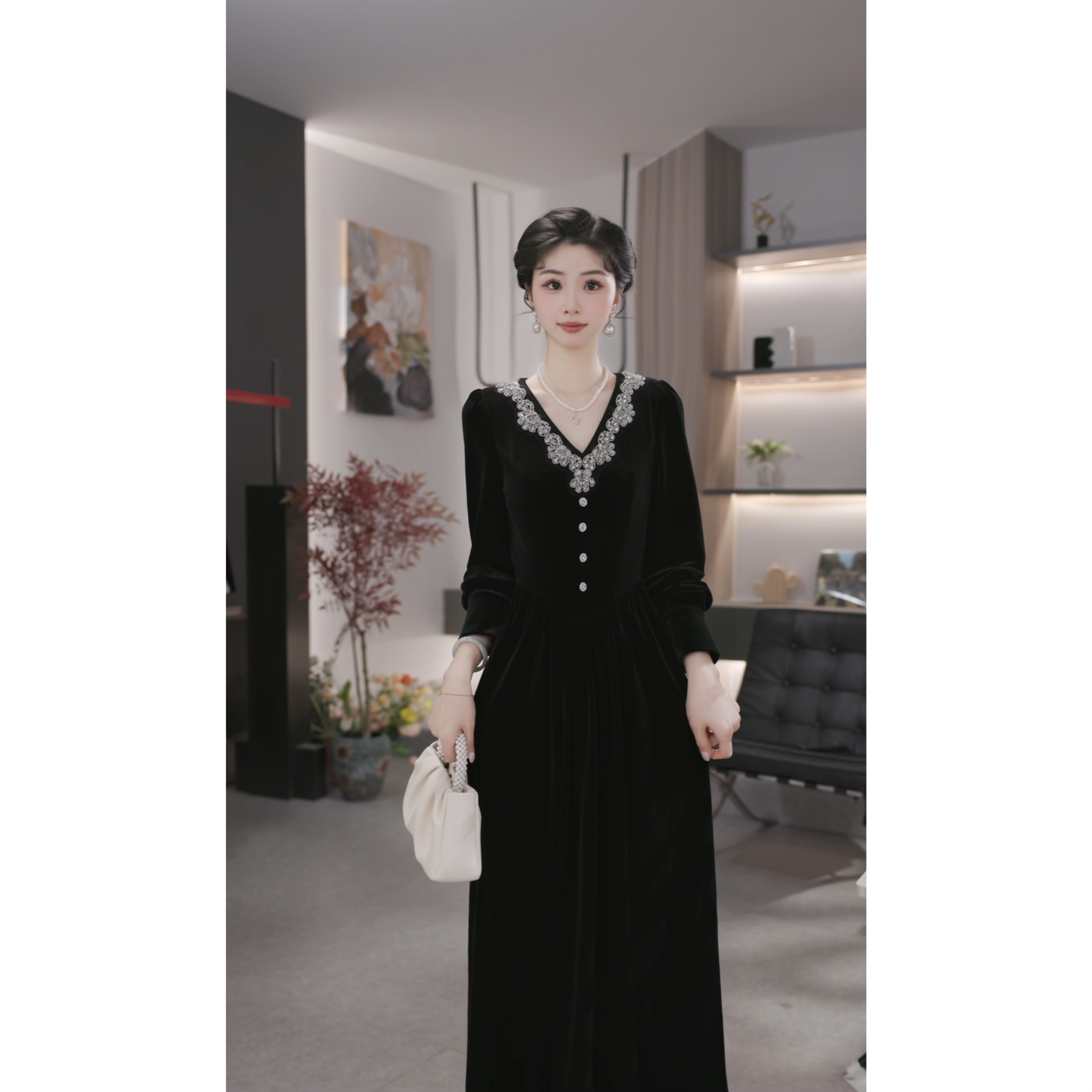 薇宝儿-婷婷【晚风清梦】高定系列丝绒缎显瘦高腰线连衣裙-58231K