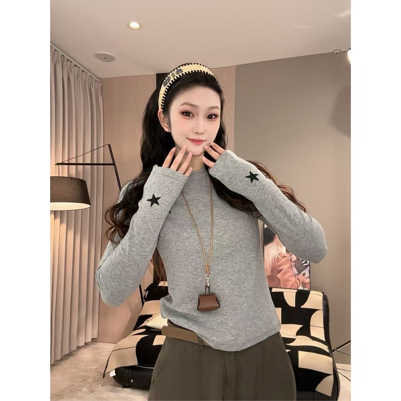 ANGEL HUE-秋冬「五角星」刺绣图案慵懒松弛感休闲内搭长袖T恤3150