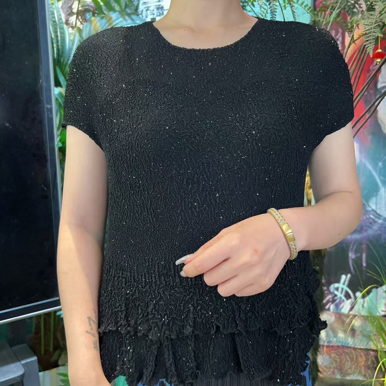 欧洲站褶皱2025春夏新爆款洋气质高档端女短款流苏T恤CY8008