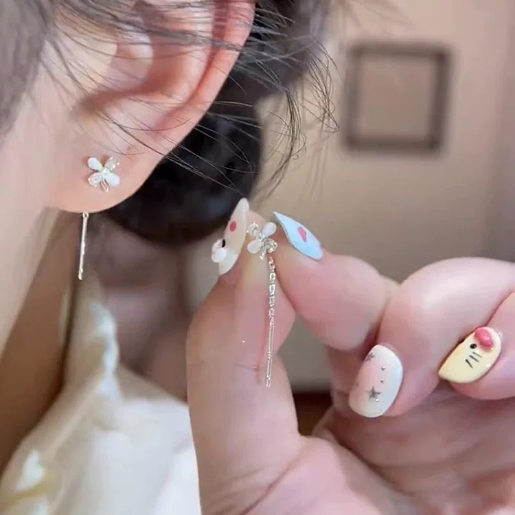 铜合金耳饰 喵喵石四叶花流苏耳线轻奢时尚精致百搭耳环F2807