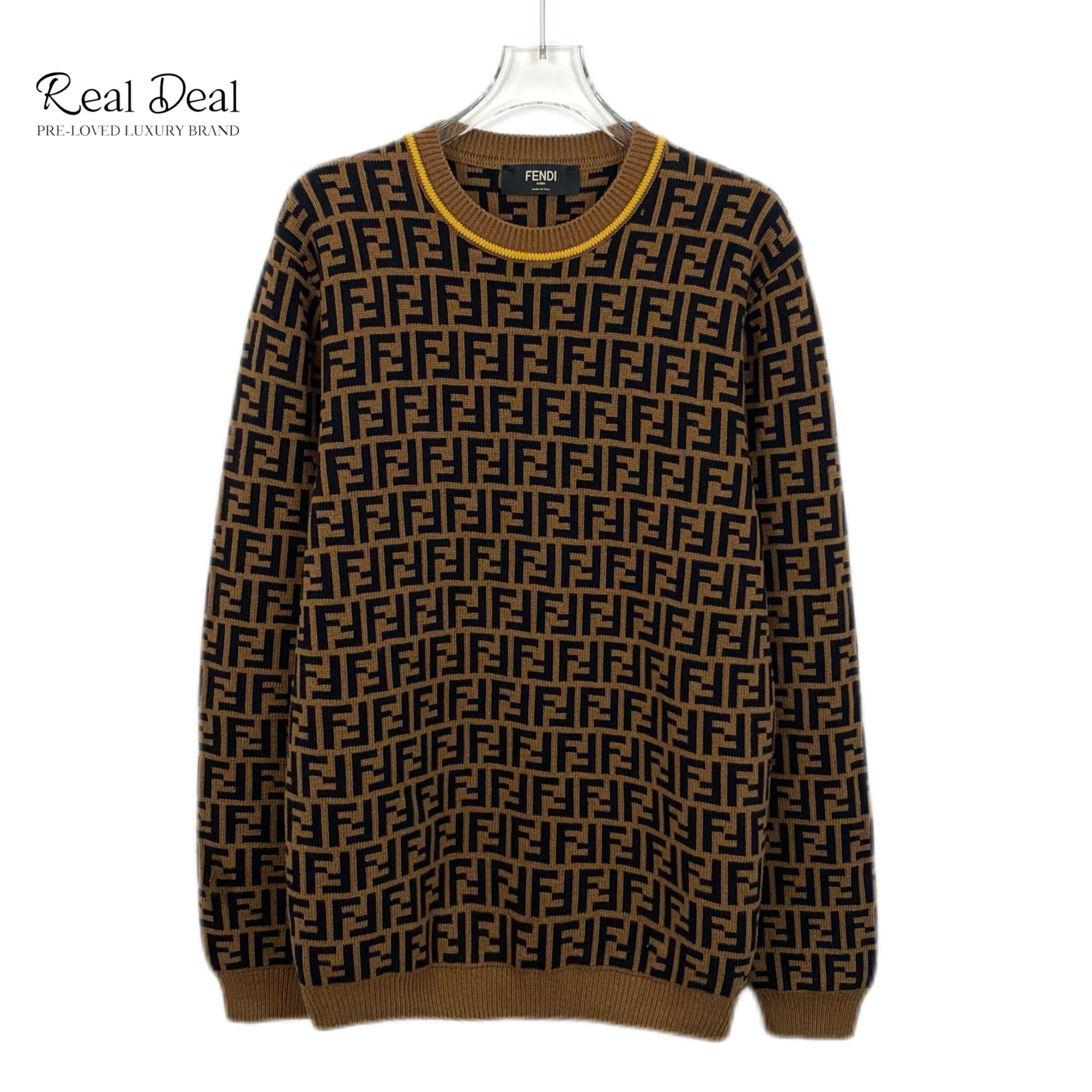 99新 FENDI/芬迪 H12306 棕色logo字母满印棉质圆领长袖针织衫 
