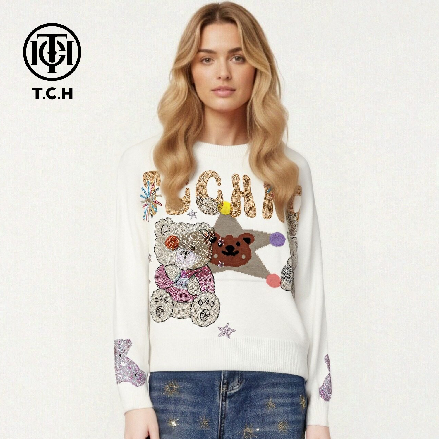 TCH【时尚百搭】冬款时尚烫钻白色休闲风女装针织衫T75D09E1315