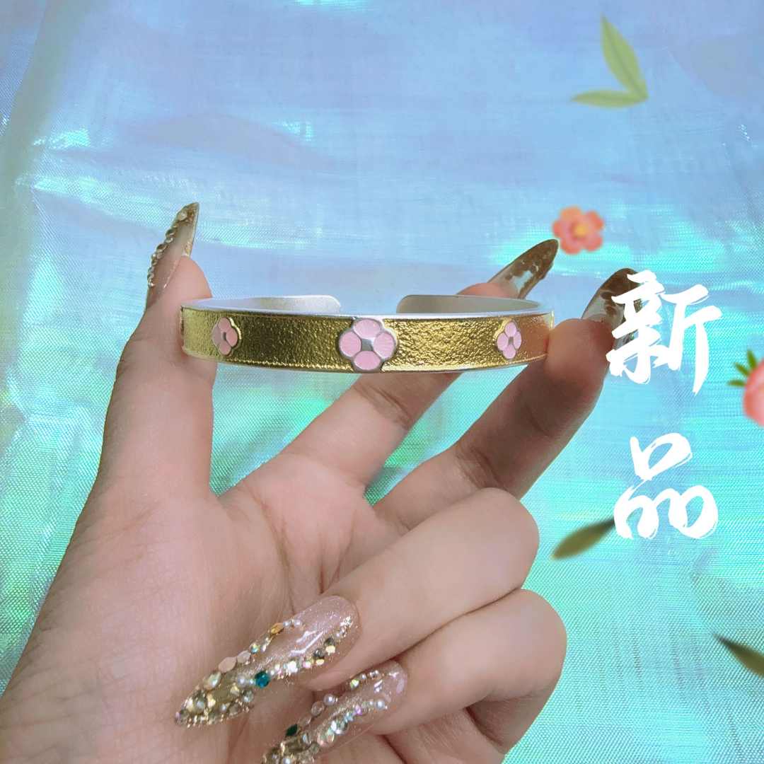 足银手镯 21号-粉色桃花朵朵【开口】手镯