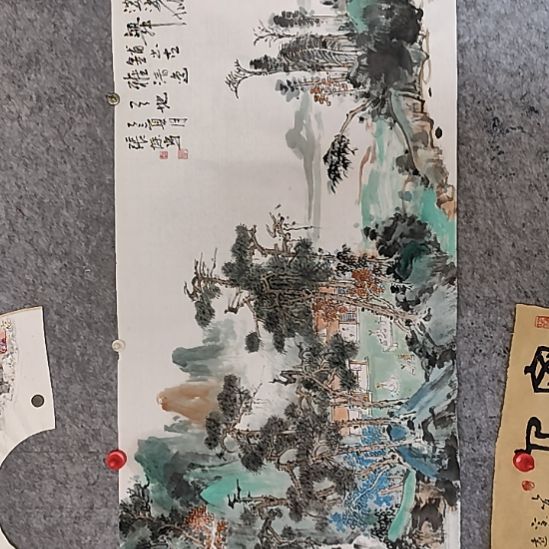 折扇张老师泼彩山水，