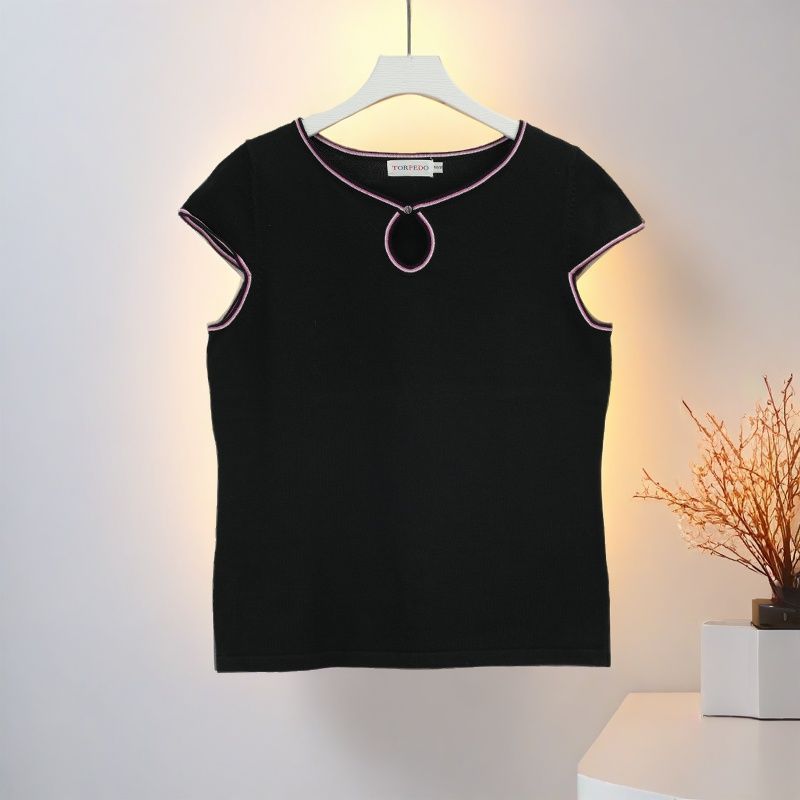 宽松型女士拼接圆领短袖夏季无袖针织衫气质百搭夏装28429