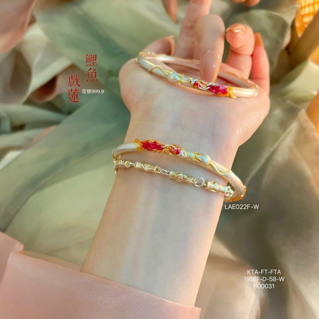 足银手镯 足银999.9描金鲤鱼戏莲手镯手饰彩色复古古风