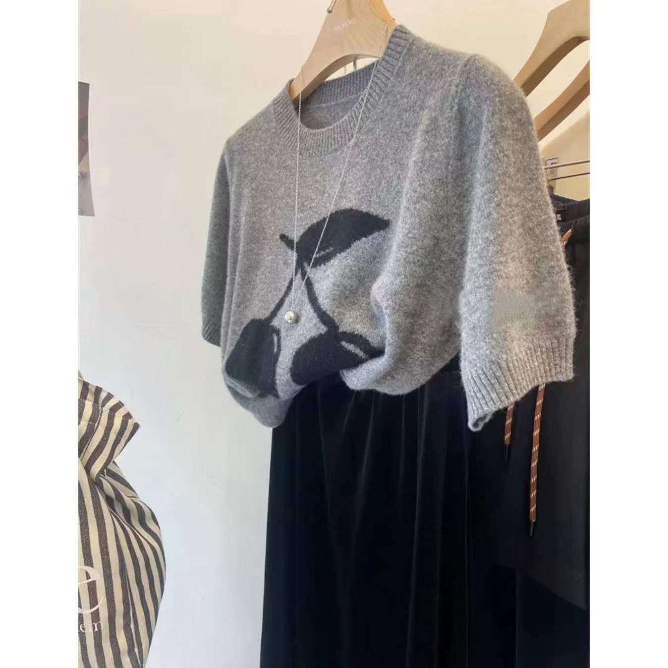 【樱桃短袖】圆领针织短袖T恤秋季百搭宽松上衣5006