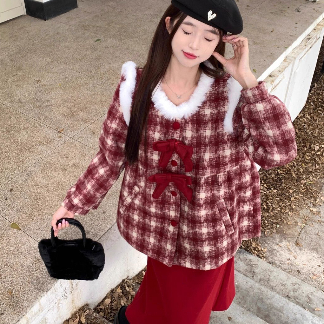 【新年战袍】红格圣诞新年战袍红色短款呢子半身裙套装加绒外套秋冬
