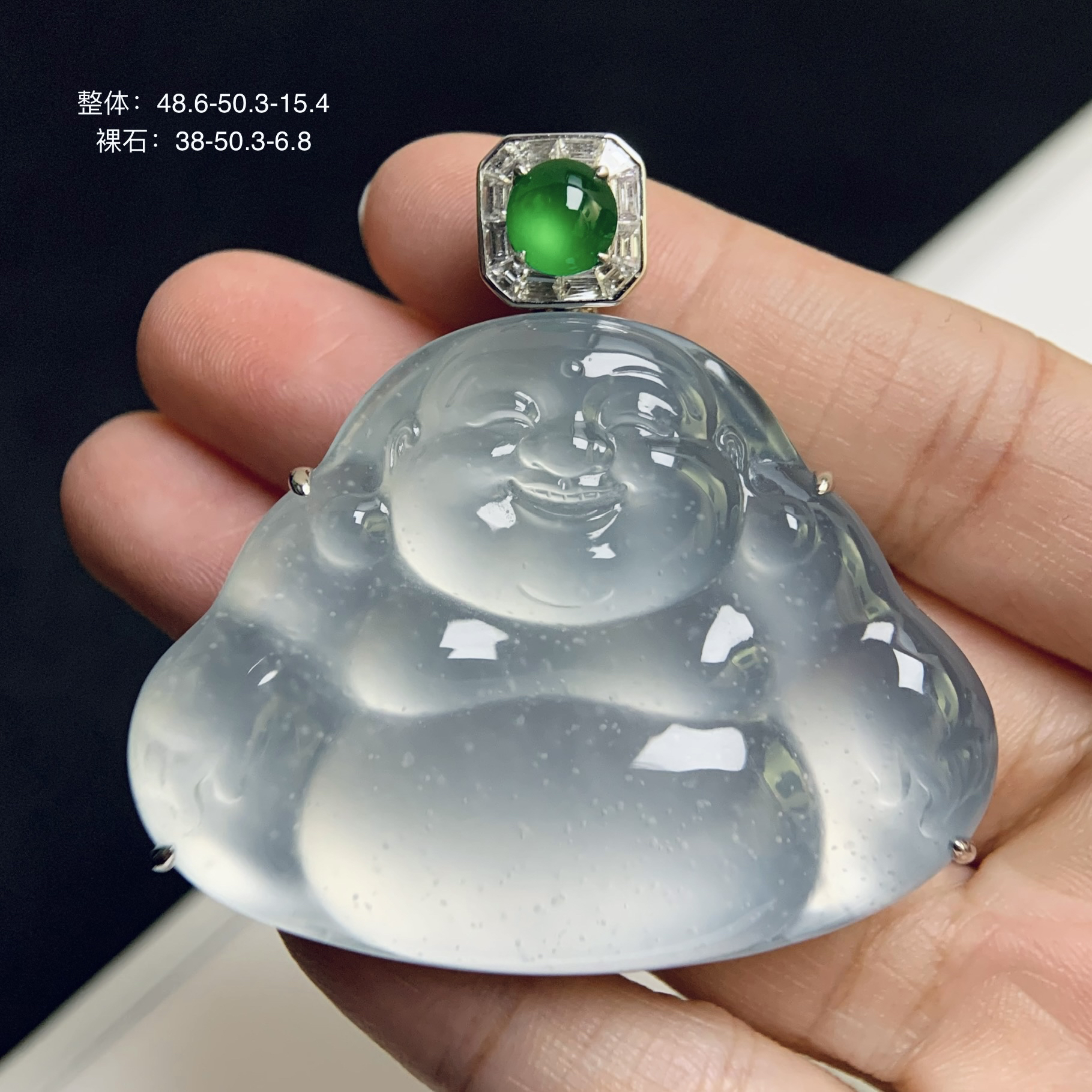 天然翡翠玻璃种木纳雪花棉大佛公吊坠