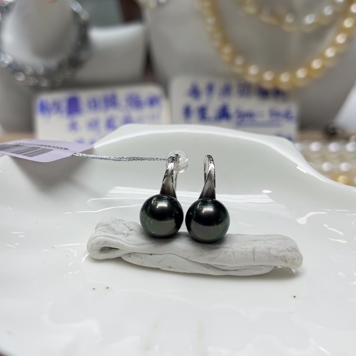 海水珍珠漏大溪地墨绿光高跟鞋耳钩10-11mm银S925镶嵌