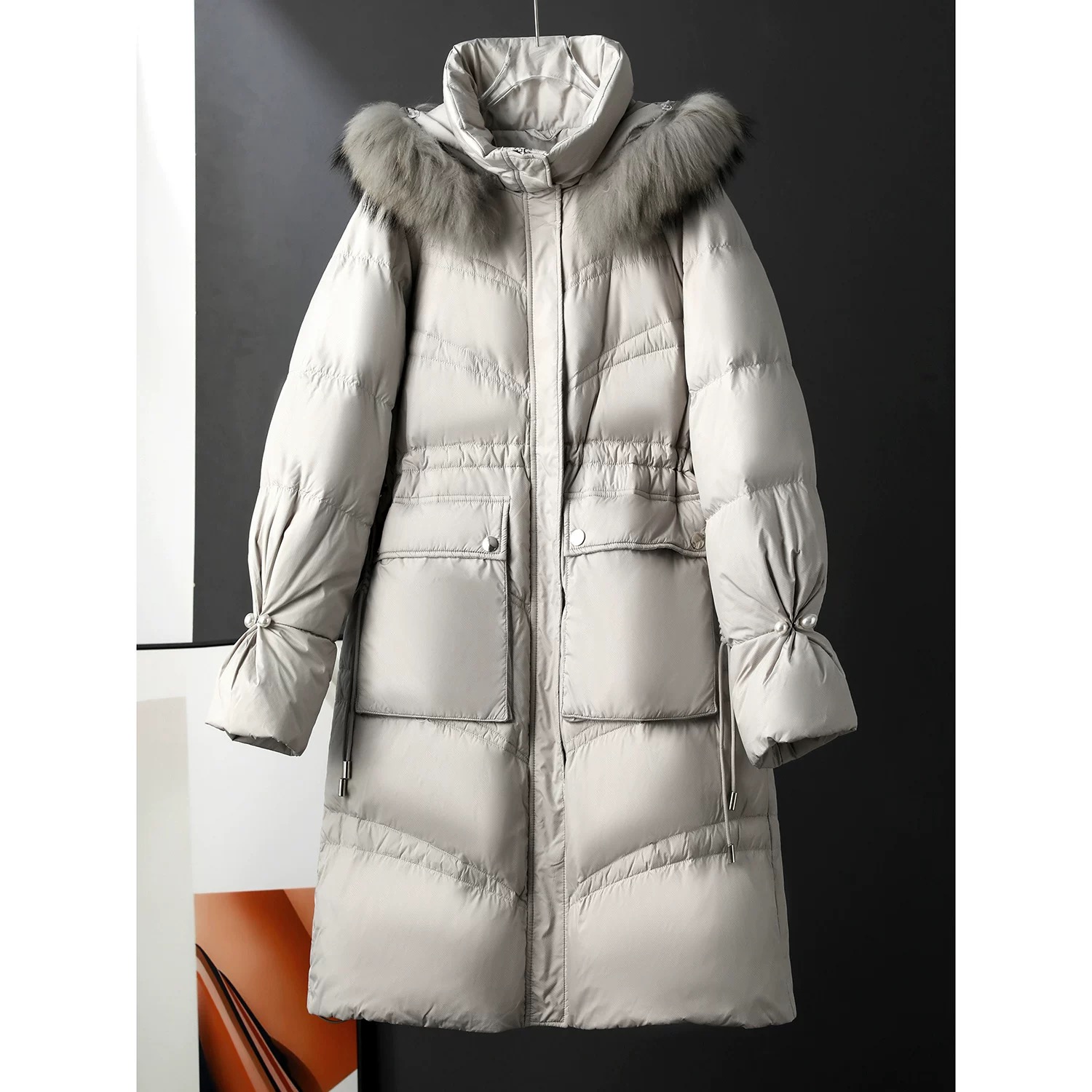 连帽减龄气质中长款毛领可拆卸韩版保暖羽绒服U363