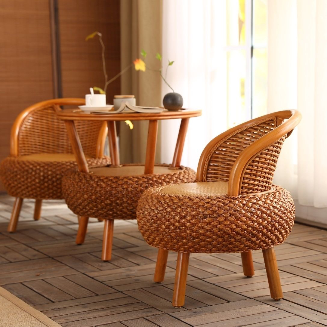 藤编座椅家用单人藤椅矮凳圆凳实木换鞋凳榻榻米靠背椅(送坐垫)