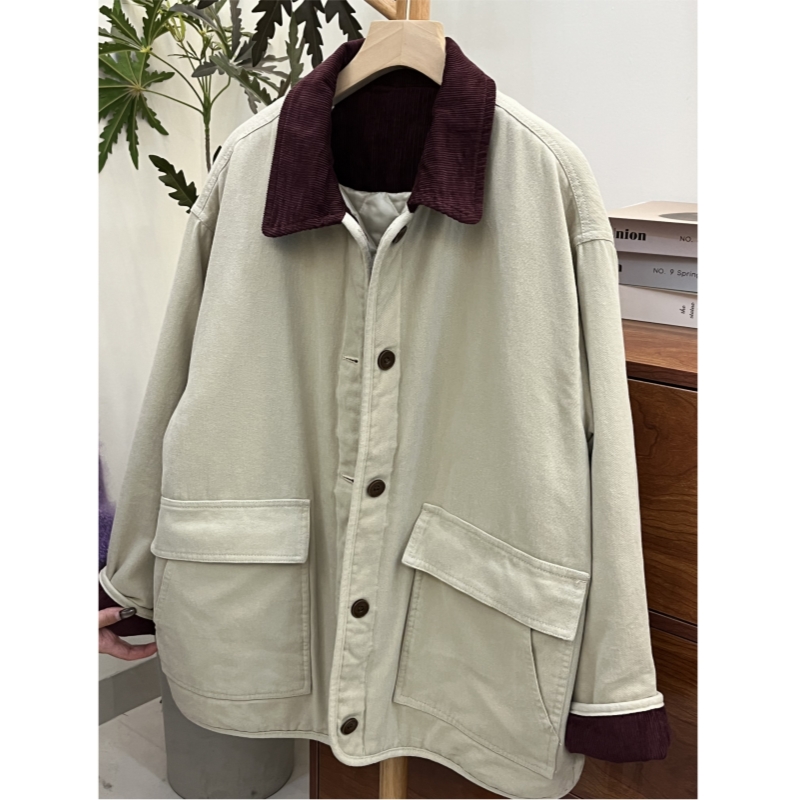 【843】-复古撞色灯芯绒翻领棉服女百搭宽松休闲工装加厚外套棉衣
